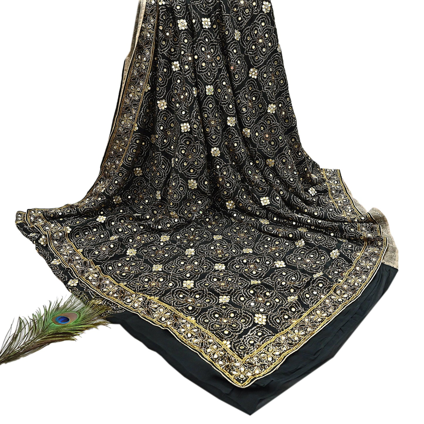 Indian Vintage Heavy Sari Black Pure Georgette Silk Hand Beaded Sarees Craft Fabric 5Yd Soft Ethnic Wedding Sarees
