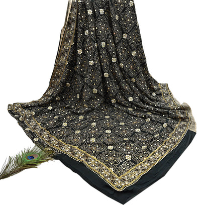 Indian Vintage Heavy Sari Black Pure Georgette Silk Hand Beaded Sarees Craft Fabric 5Yd Soft Ethnic Wedding Sarees