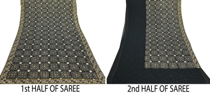 Indian Vintage Heavy Sari Black Pure Georgette Silk Hand Beaded Sarees Craft Fabric 5Yd Soft Ethnic Wedding Sarees