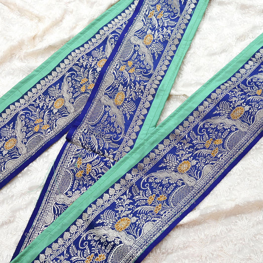 Vintage Banarasi Silk Border Trim 1 Yard Blue Silver Gold Zari Floral Ribbon Recycled Saree Lace for Sewing, Wedding & Christmas Decor