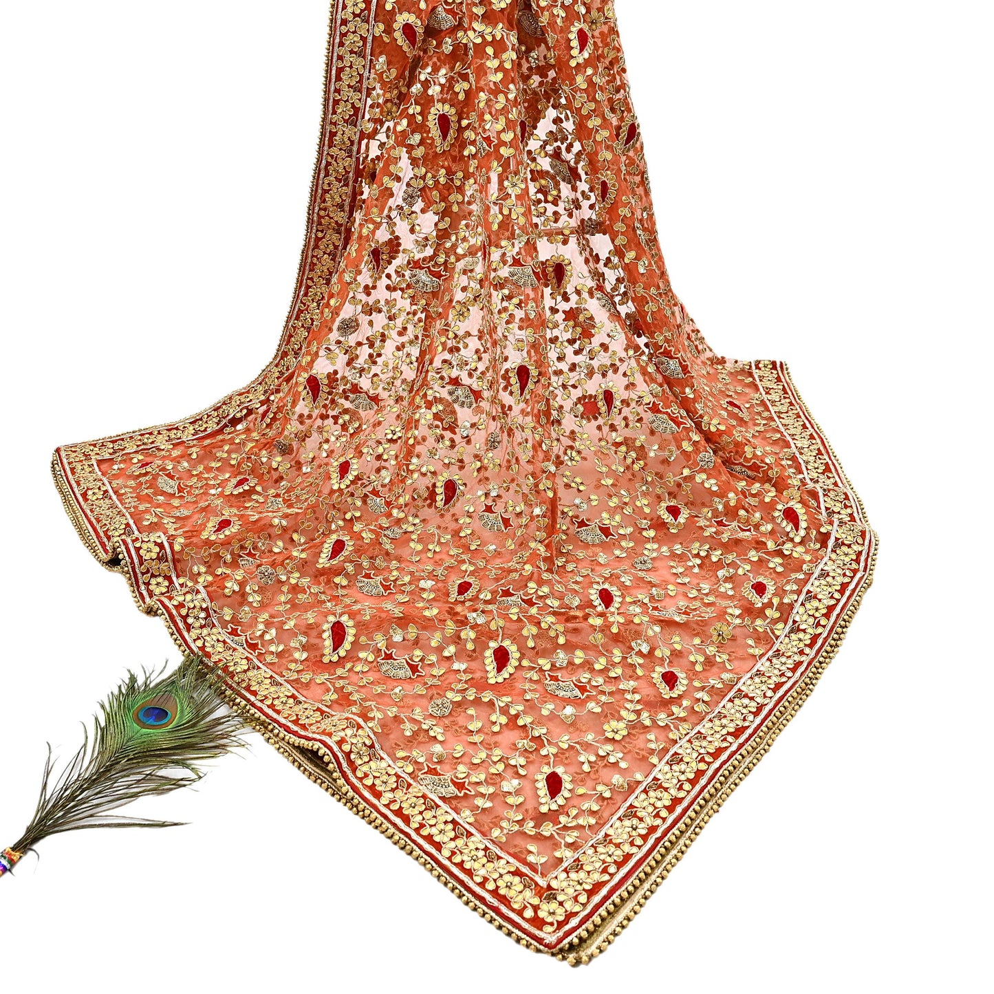 Indian Pre-owned Heavy Dupatta Orange Net Long Stole Hand Embroidered By Designer Abu Jani Scarves Bridal Veil