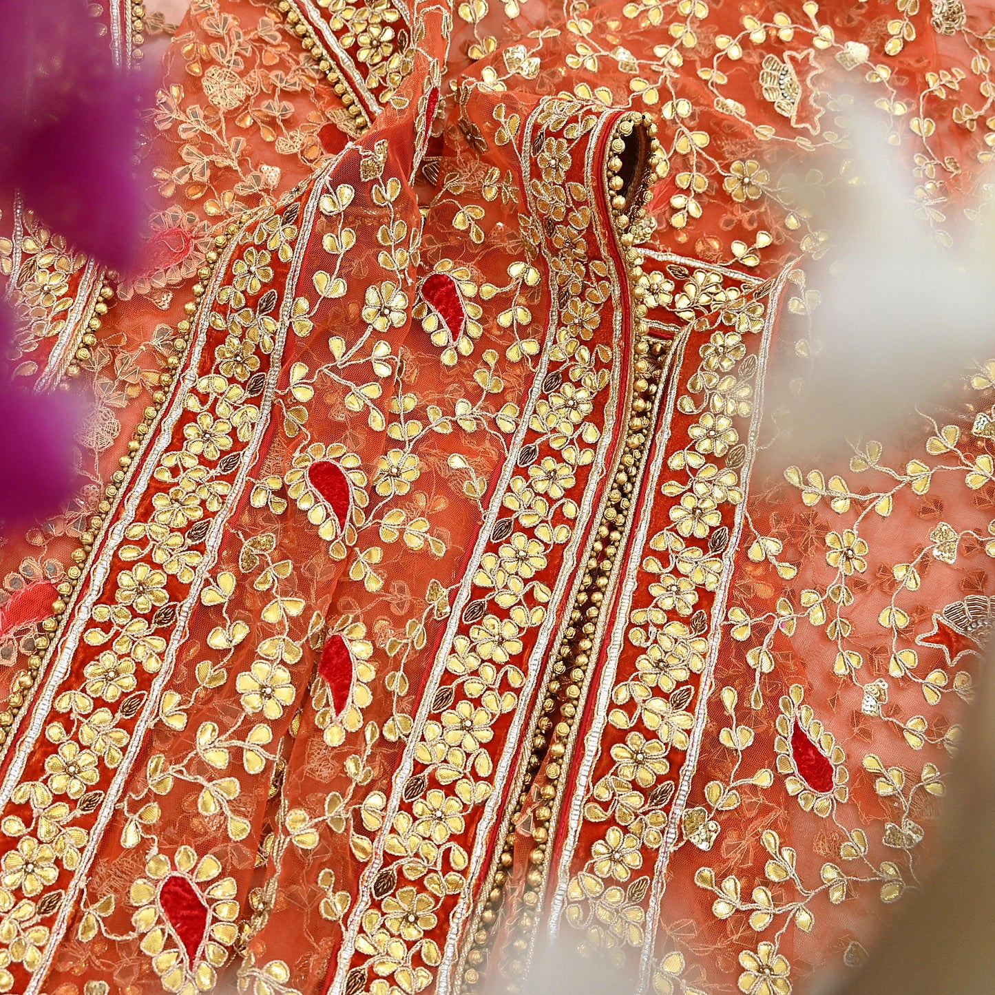 Indian Pre-owned Heavy Dupatta Orange Net Long Stole Hand Embroidered By Designer Abu Jani Scarves Bridal Veil