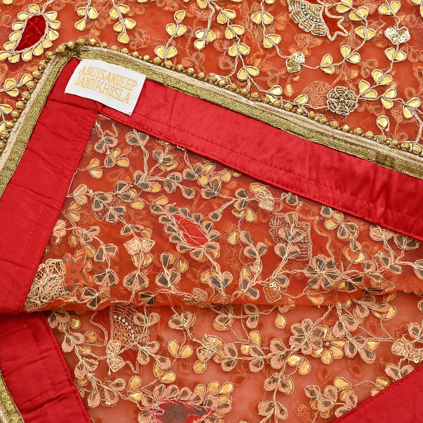 Indian Pre-owned Heavy Dupatta Orange Net Long Stole Hand Embroidered By Designer Abu Jani Scarves Bridal Veil