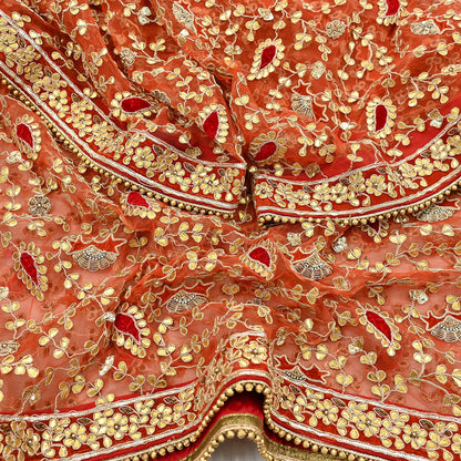 Indian Pre-owned Heavy Dupatta Orange Net Long Stole Hand Embroidered By Designer Abu Jani Scarves Bridal Veil