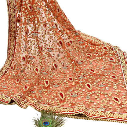 Indian Pre-owned Heavy Dupatta Orange Net Long Stole Hand Embroidered By Designer Abu Jani Scarves Bridal Veil