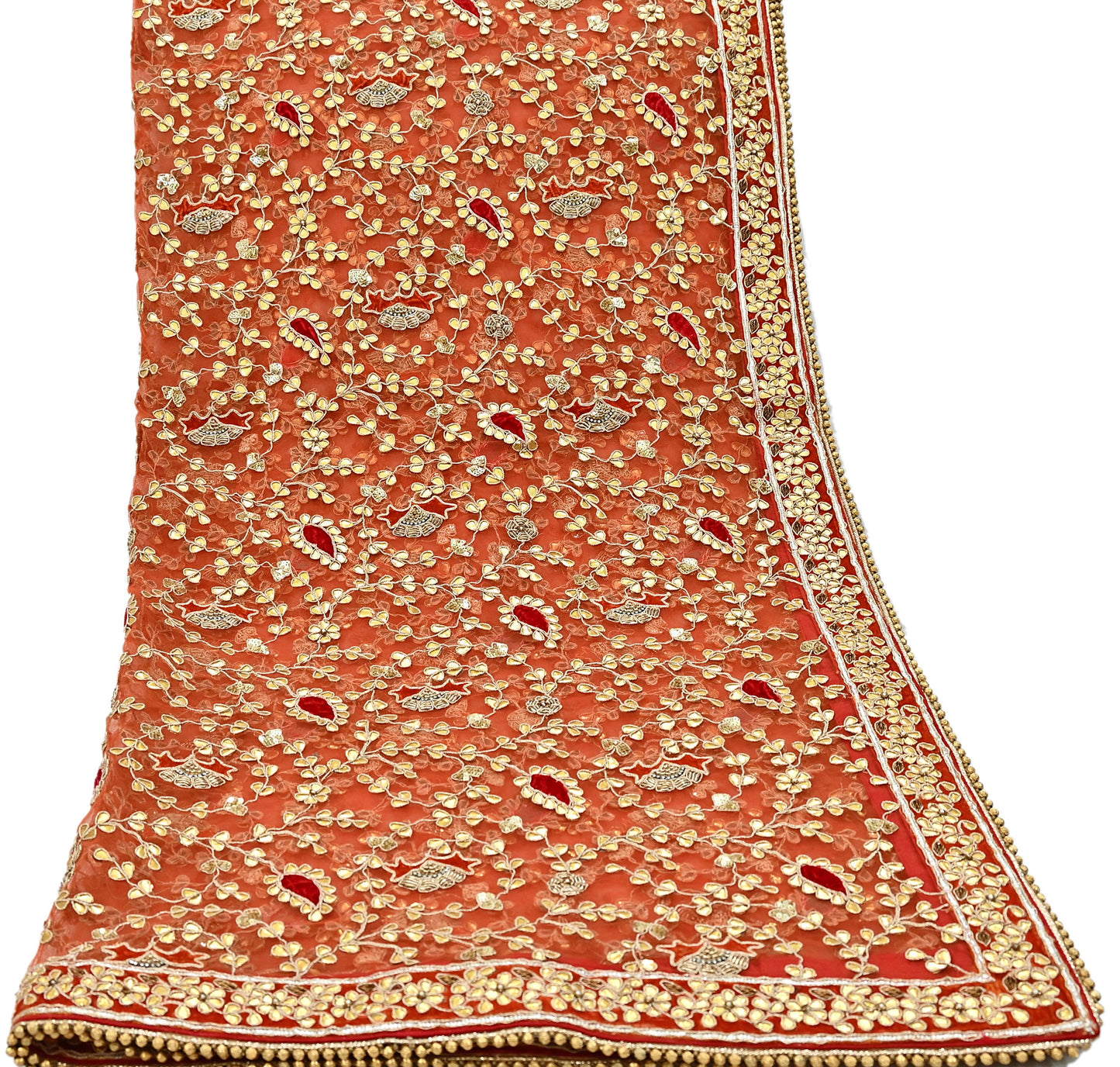 Indian Pre-owned Heavy Dupatta Orange Net Long Stole Hand Embroidered By Designer Abu Jani Scarves Bridal Veil