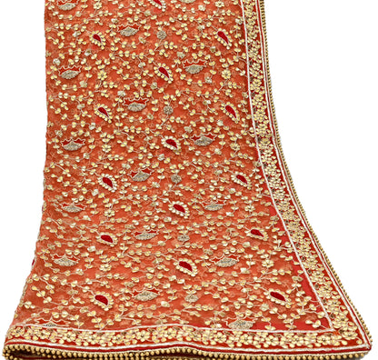 Indian Pre-owned Heavy Dupatta Orange Net Long Stole Hand Embroidered By Designer Abu Jani Scarves Bridal Veil