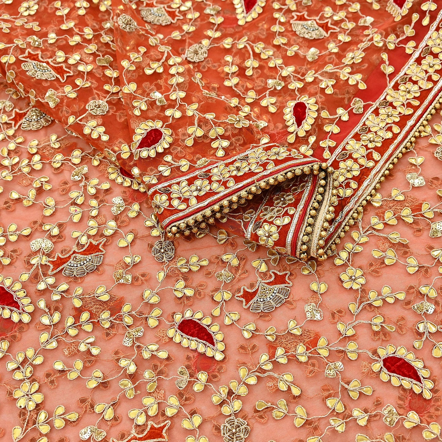 Indian Pre-owned Heavy Dupatta Orange Net Long Stole Hand Embroidered By Designer Abu Jani Scarves Bridal Veil