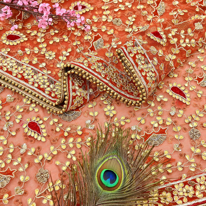 Indian Pre-owned Heavy Dupatta Orange Net Long Stole Hand Embroidered By Designer Abu Jani Scarves Bridal Veil