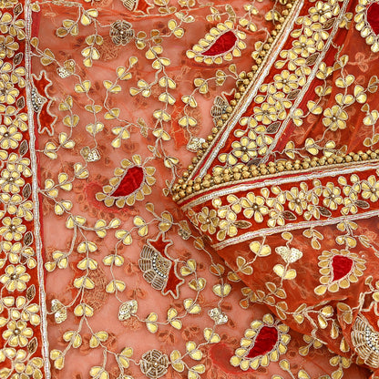 Indian Pre-owned Heavy Dupatta Orange Net Long Stole Hand Embroidered By Designer Abu Jani Scarves Bridal Veil