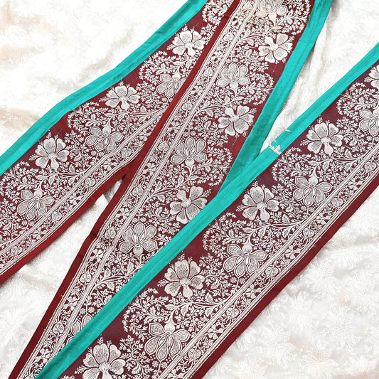 Vintage Banarasi Silk Border Trim 1 Yard Maroon Silver Zari Floral Ribbon Recycled Saree Lace for Sewing, Wedding & Christmas Decor