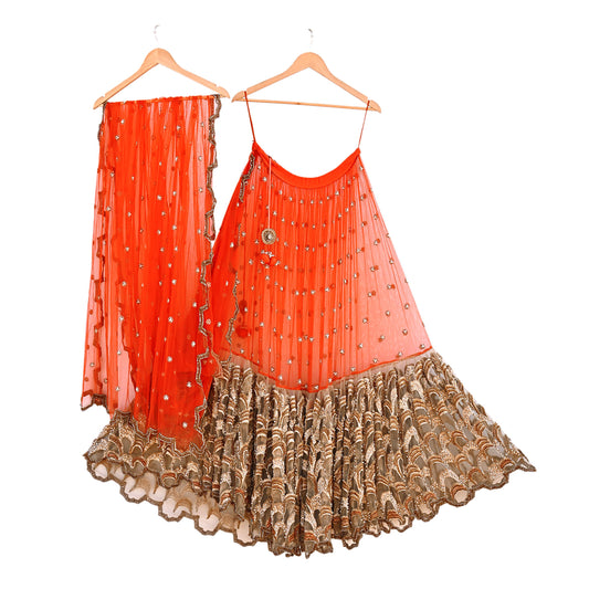 Indian Sari Heavy Green & Orange Net/Mesh Hand Embroidered Lehenga/Skirt Designer Nandita Thirani Sarees Ethnic Wedding/Bridal Sarees