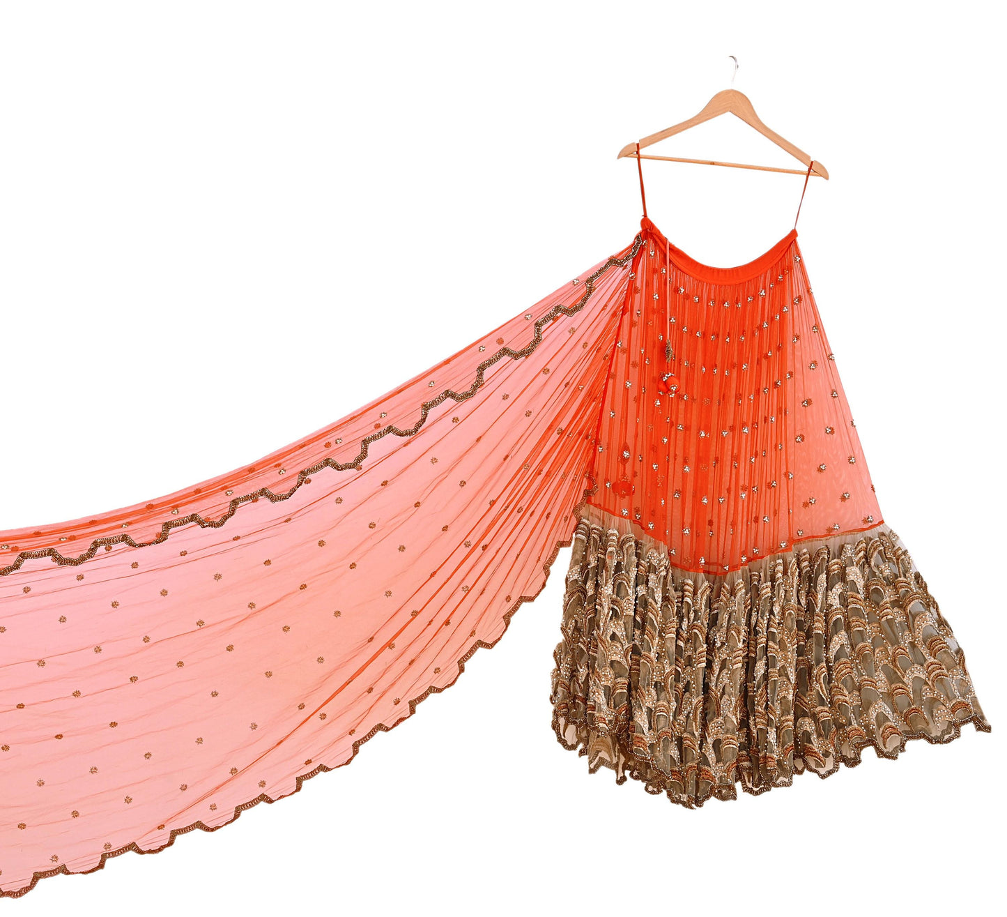 Indian Sari Heavy Green & Orange Net/Mesh Hand Embroidered Lehenga/Skirt Designer Nandita Thirani Sarees Ethnic Wedding/Bridal Sarees
