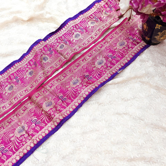 Vintage Banarasi Silk Border Trim 1 Yard Pink Silver Zari Floral Ribbon Recycled Saree Lace for Sewing, Dressmaking & Christmas Decor