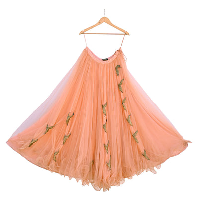 Indian Vintage Peach Net Hand Embroidered Skirt Party Wear Bollywood Lehenga Zari Birds design