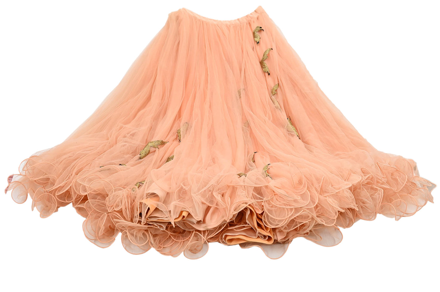 Indian Vintage Peach Net Hand Embroidered Skirt Party Wear Bollywood Lehenga Zari Birds design