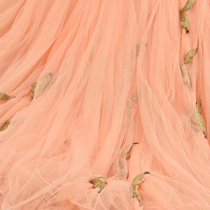 Indian Vintage Peach Net Hand Embroidered Skirt Party Wear Bollywood Lehenga Zari Birds design