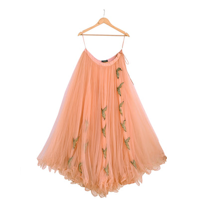 Indian Vintage Peach Net Hand Embroidered Skirt Party Wear Bollywood Lehenga Zari Birds design