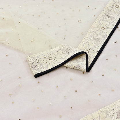 Indian Vintage Ivory Dupatta Net Long Stole Hand Embroidered Chikankari Mukesh Designer Abu Jani Stole Mesh Scarf Scarves