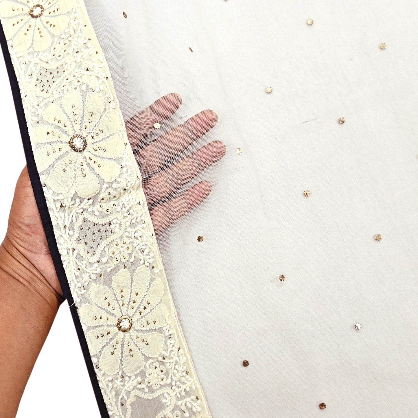 Indian Vintage Ivory Dupatta Net Long Stole Hand Embroidered Chikankari Mukesh Designer Abu Jani Stole Mesh Scarf Scarves