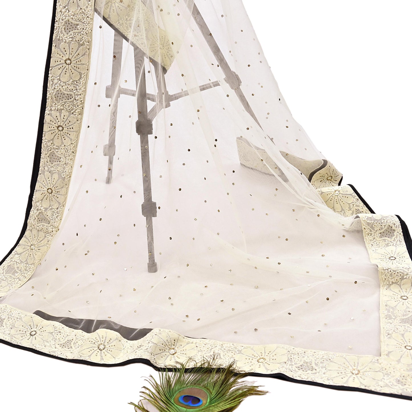 Indian Vintage Ivory Dupatta Net Long Stole Hand Embroidered Chikankari Mukesh Designer Abu Jani Stole Mesh Scarf Scarves