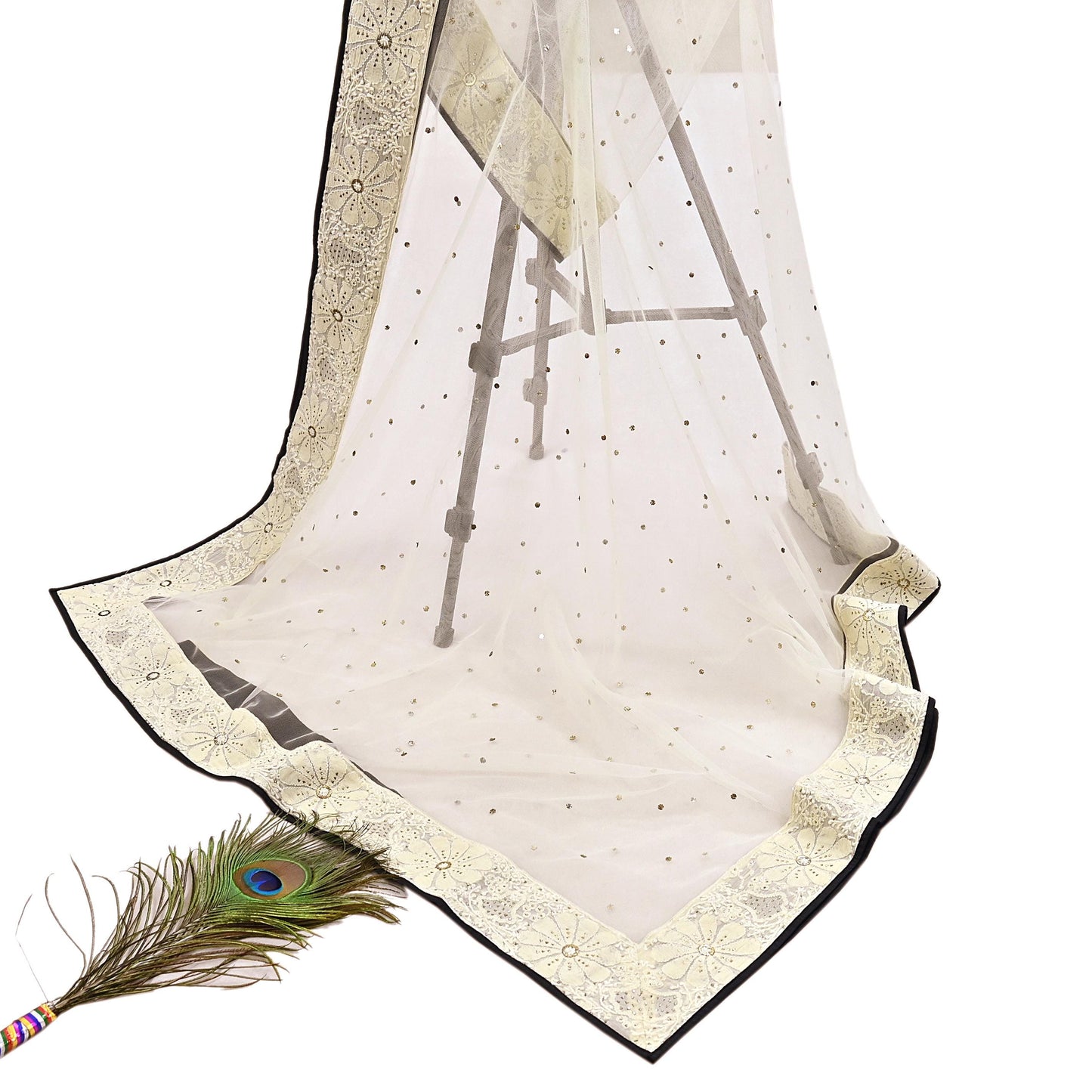 Indian Vintage Ivory Dupatta Net Long Stole Hand Embroidered Chikankari Mukesh Designer Abu Jani Stole Mesh Scarf Scarves