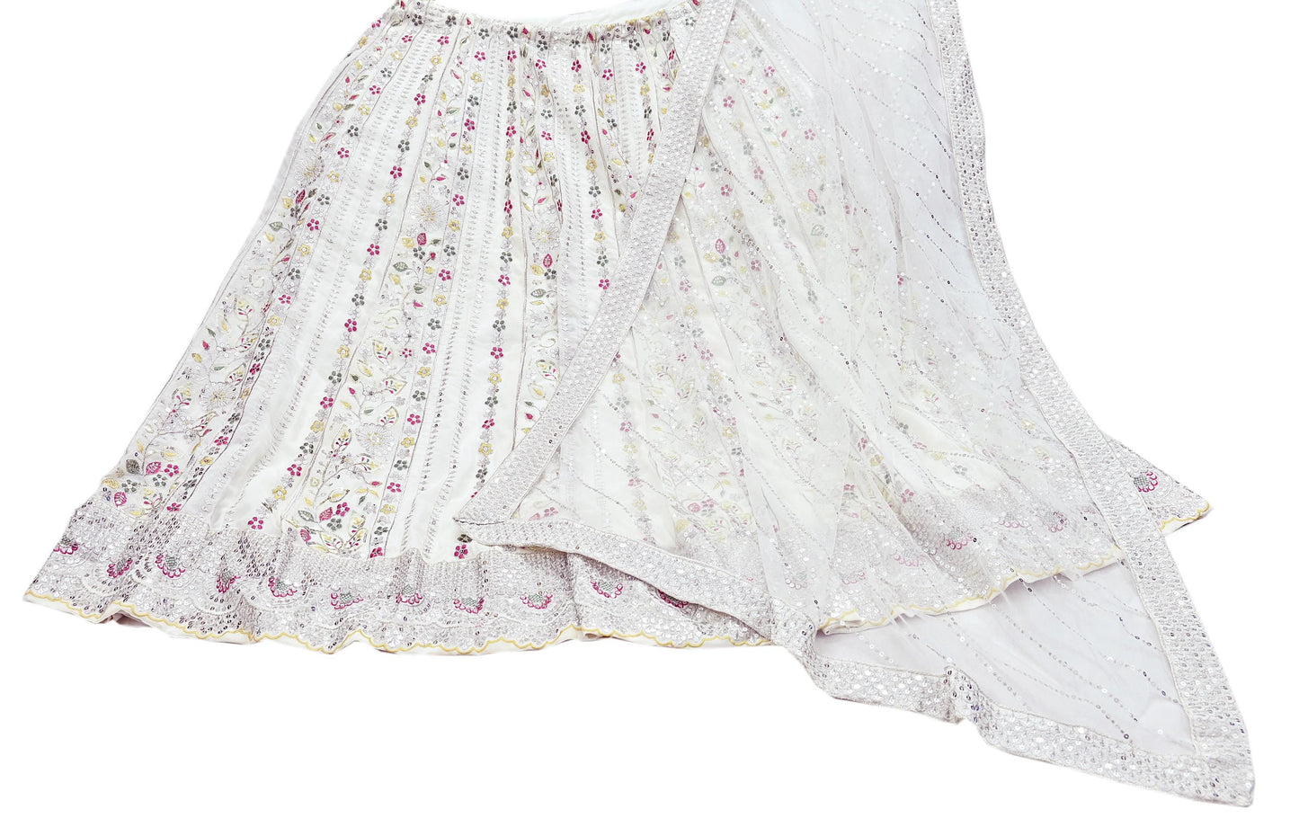 Indian Vintage White Net/ Pure Georgette Hand Embroidered Lehenga 2pcs Set Party Wear With skirt & Dupatta Bollywood Zari