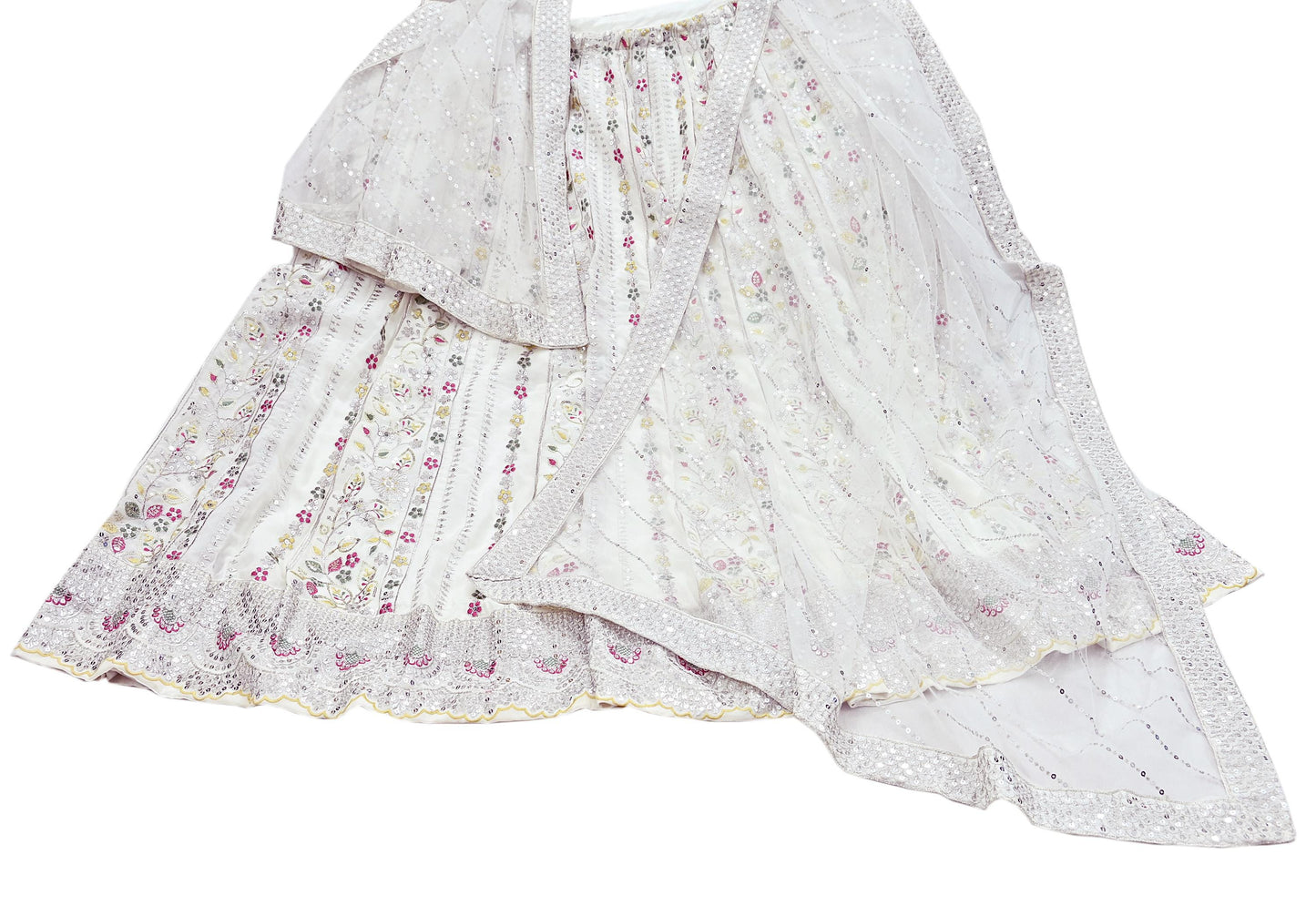 Indian Vintage White Net/ Pure Georgette Hand Embroidered Lehenga 2pcs Set Party Wear With skirt & Dupatta Bollywood Zari