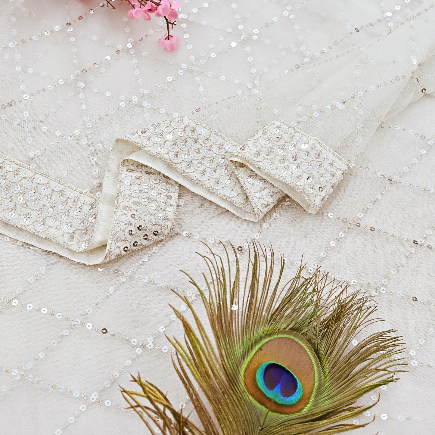 Indian Vintage White Dupatta Long Stole Net Mess Embroidered Scarves Veil Hijab Sequins stole veil hijab