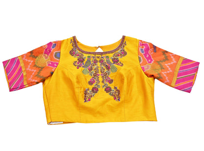 Indian Pre-owned Yellow raw silk Hand Embroidered By Designer manish malhotra Padded Blouse/Top/Crop M Size Party wear Bollywood