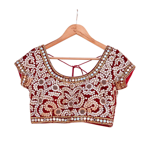 Indian Pre-owned Heavy Red Velvet Hand Embroidered By Designer Anamika Khanna Padded Blouse/Top/Crop M Size Party wear Bollywood
