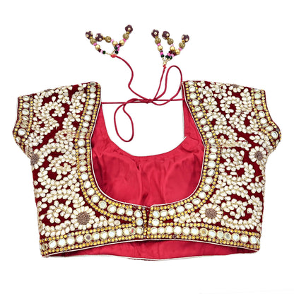 Indian Pre-owned Heavy Red Velvet Hand Embroidered By Designer Anamika Khanna Padded Blouse/Top/Crop M Size Party wear Bollywood