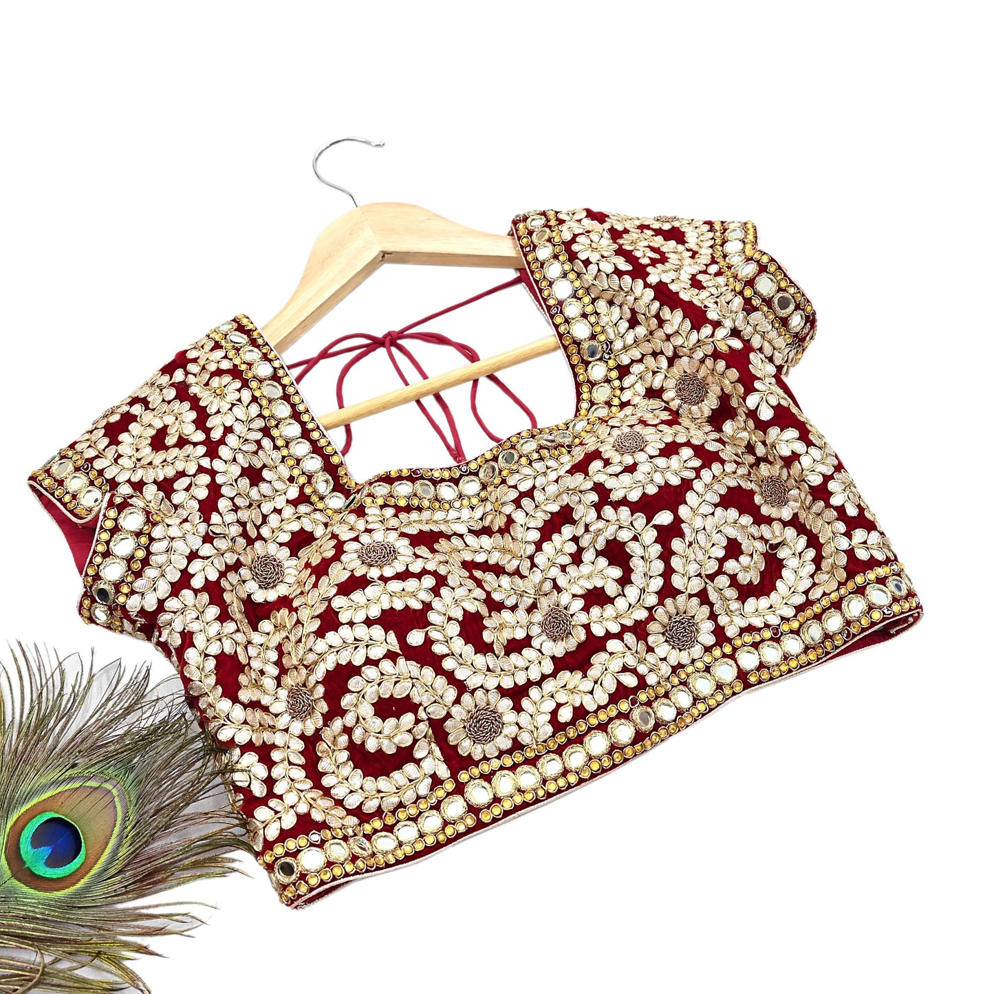 Indian Pre-owned Heavy Red Velvet Hand Embroidered By Designer Anamika Khanna Padded Blouse/Top/Crop M Size Party wear Bollywood