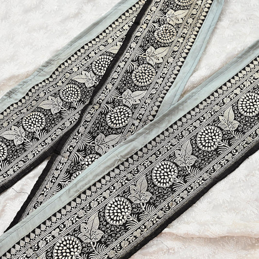 Vintage Banarasi Silk Border Trim 1 Yard Black Silver Zari Floral Ribbon Recycled Saree Lace for Sewing, Home Decor & Christmas Crafts