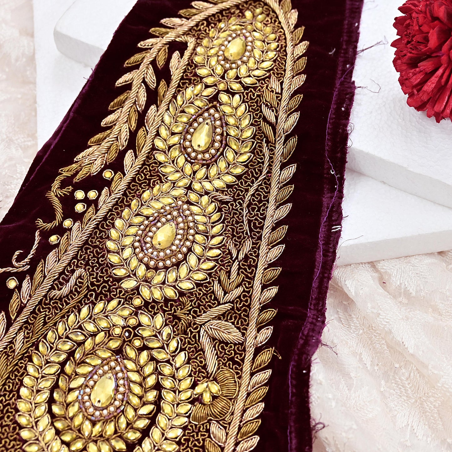 Indian Vintage Purple velvet Appliques  Set of 1 | Hand-Embroidered Floral Patches with Zardozi,Dabka, Zari,for Craft, Journals