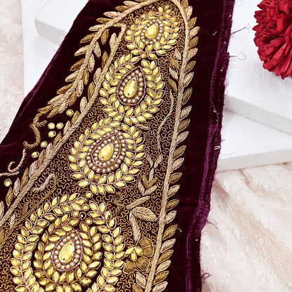 Indian Vintage Purple velvet Appliques  Set of 1 | Hand-Embroidered Floral Patches with Zardozi,Dabka, Zari,for Craft, Journals