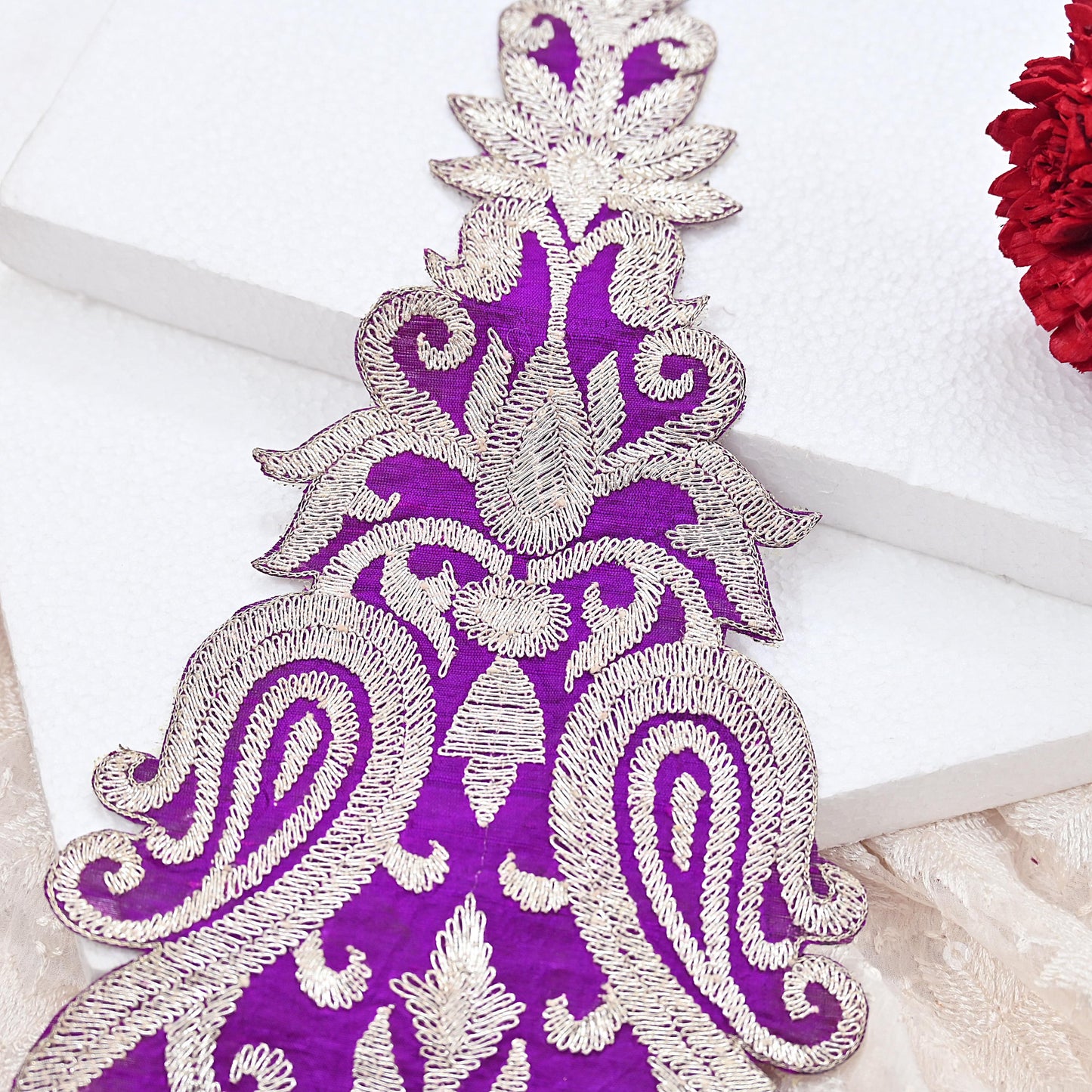 Indian Vintage Purple Raw silk Appliques  Set of 1 | Hand-Embroidered Floral Patches with Zari,for Craft, Journals