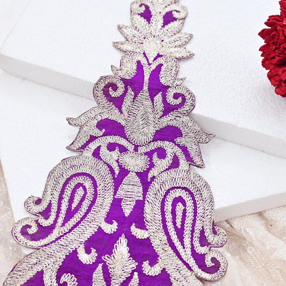 Indian Vintage Purple Raw silk Appliques  Set of 1 | Hand-Embroidered Floral Patches with Zari,for Craft, Journals