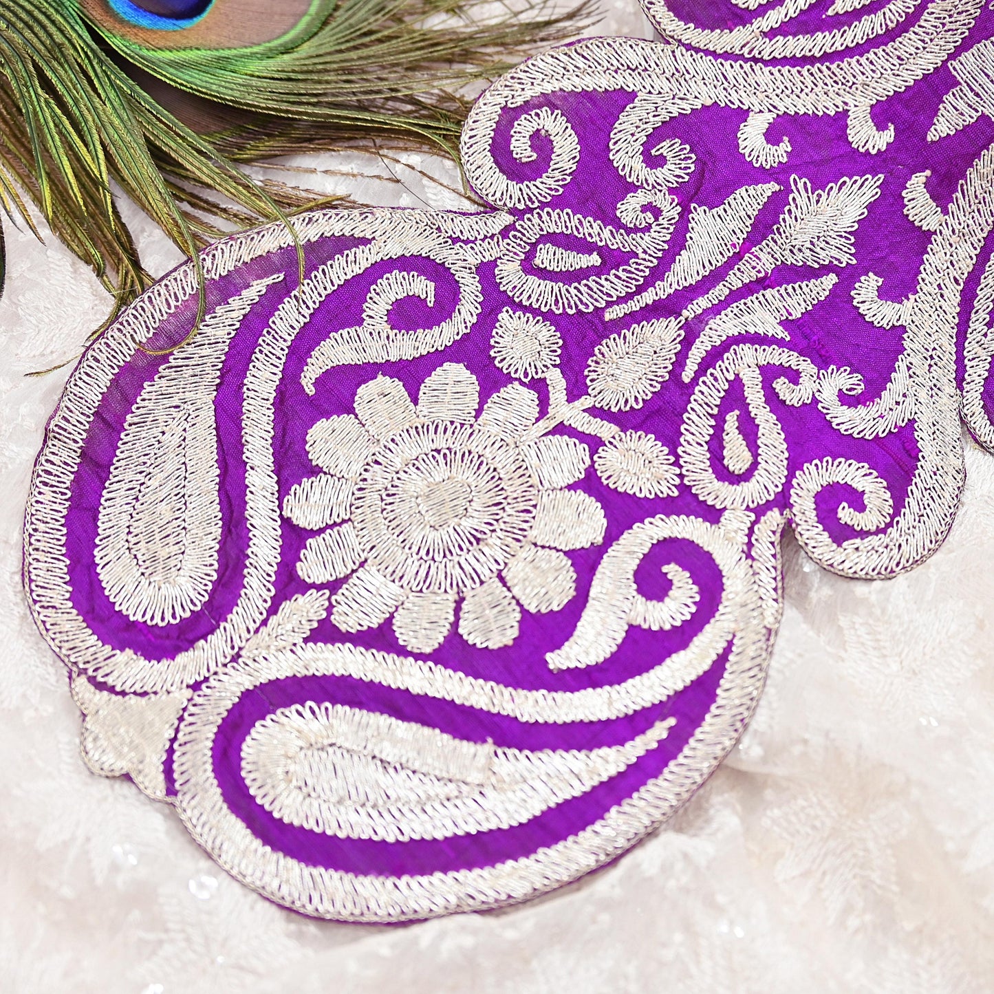 Indian Vintage Purple Raw silk Appliques  Set of 1 | Hand-Embroidered Floral Patches with Zari,for Craft, Journals