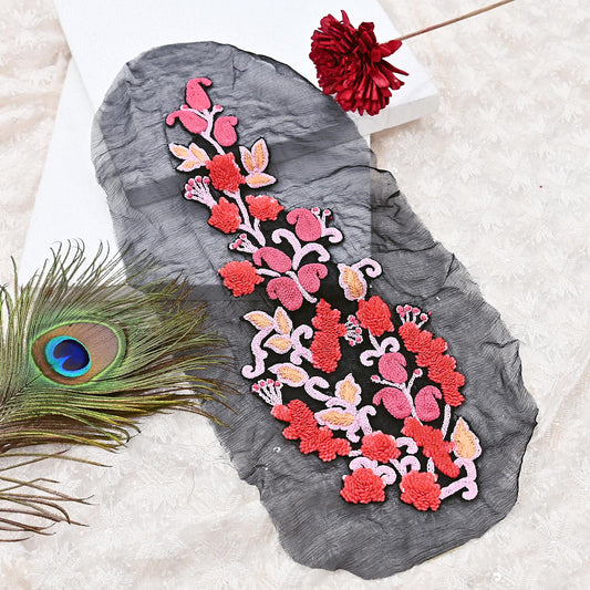 Indian Vintage Black Pure Chiffon Silk Appliques  Set of 1 | Hand-Embroidered bandhani Floral Patches for Craft Journals size 14.5X6.5"
