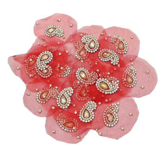 Indian Vintage Red Net Hand-Embroidered Appliques  Set of 5 I Zardozi, Dabka, Bead Work | Floral Patches for Crafts, Journals