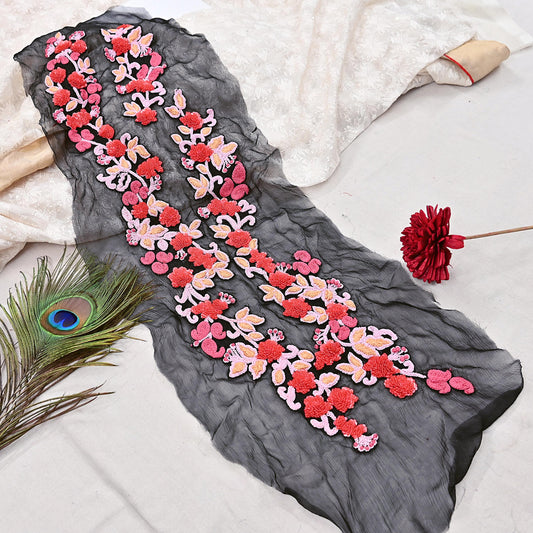 Indian Vintage Black Pure Chiffon Silk Appliques  Set of 1 | Hand-Embroidered bandhani Floral Patches for Craft Journals size 30X7.5"
