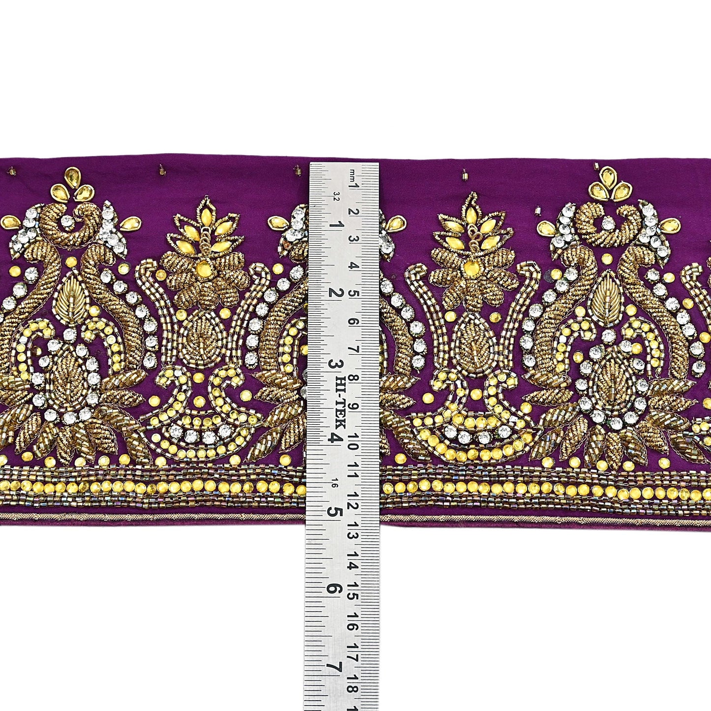 Indian Vintage Purple Sari Border Hand Embroidered 1yd Craft Trim Lace Sewing Sari Ribbon Pure Crepe silk  Sequins Zari