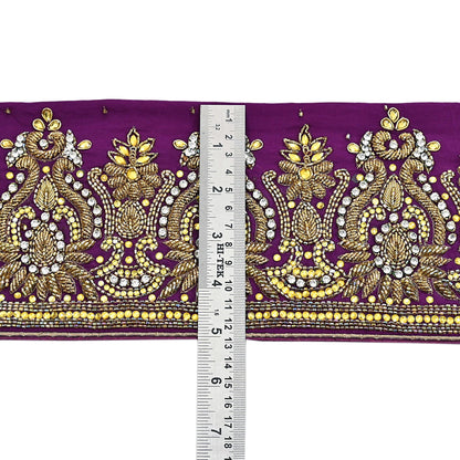 Indian Vintage Purple Sari Border Hand Embroidered 1yd Craft Trim Lace Sewing Sari Ribbon Pure Crepe silk  Sequins Zari