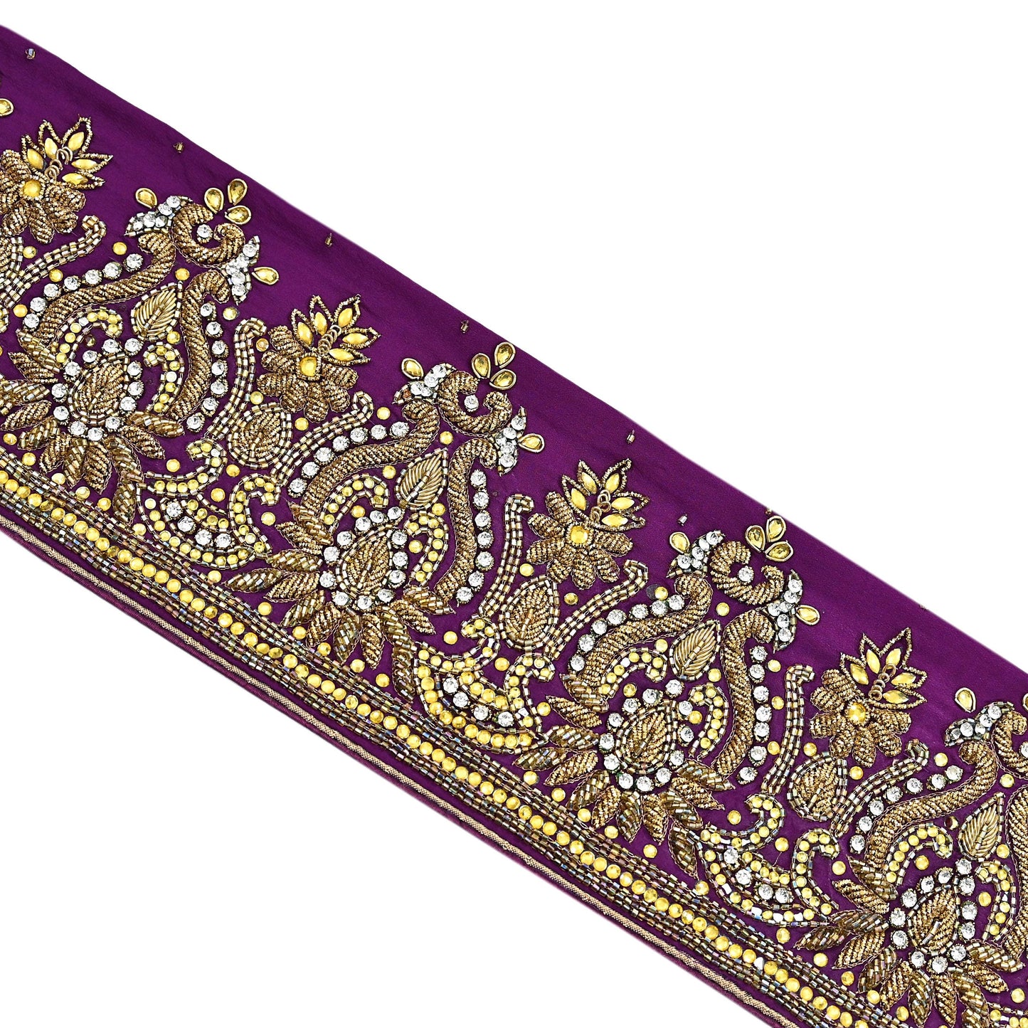 Indian Vintage Purple Sari Border Hand Embroidered 1yd Craft Trim Lace Sewing Sari Ribbon Pure Crepe silk  Sequins Zari