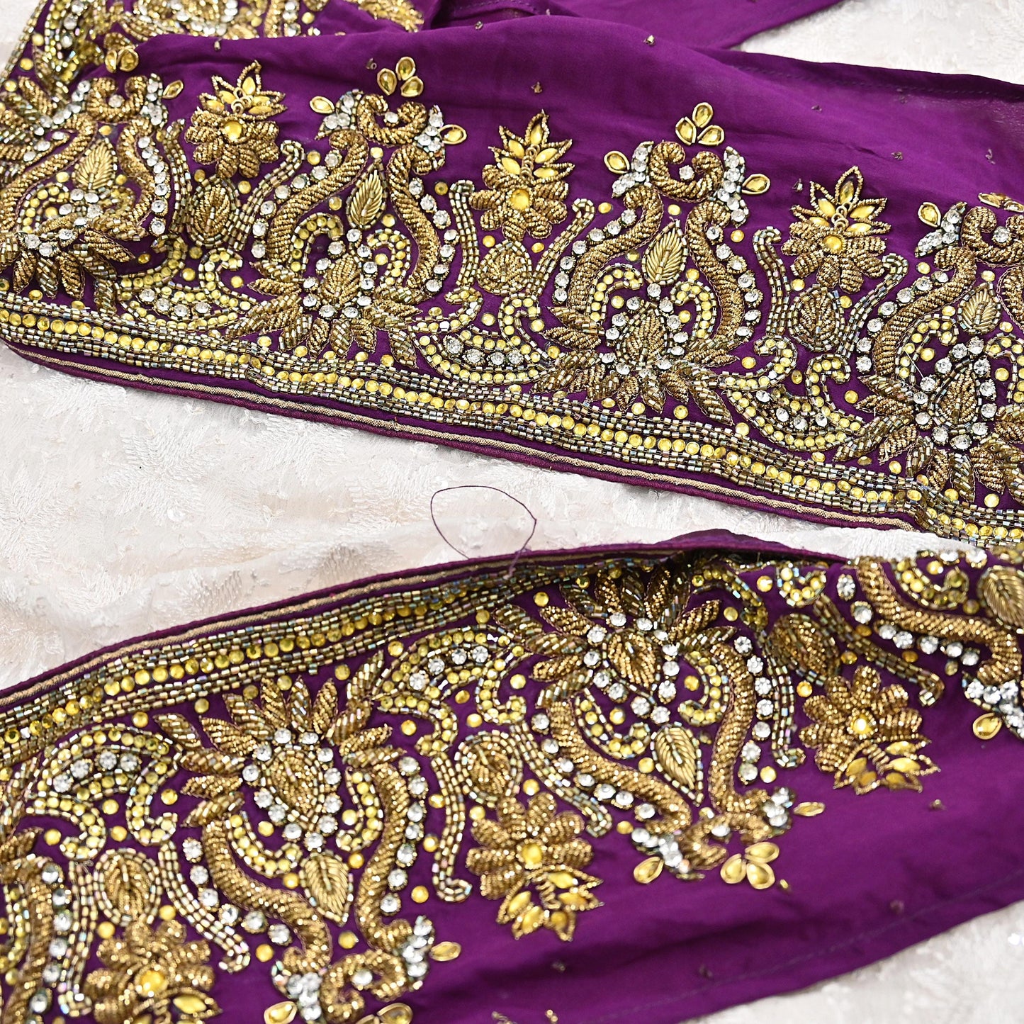 Indian Vintage Purple Sari Border Hand Embroidered 1yd Craft Trim Lace Sewing Sari Ribbon Pure Crepe silk  Sequins Zari