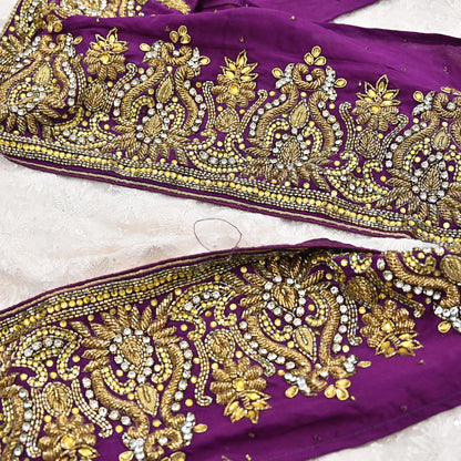 Indian Vintage Purple Sari Border Hand Embroidered 1yd Craft Trim Lace Sewing Sari Ribbon Pure Crepe silk  Sequins Zari