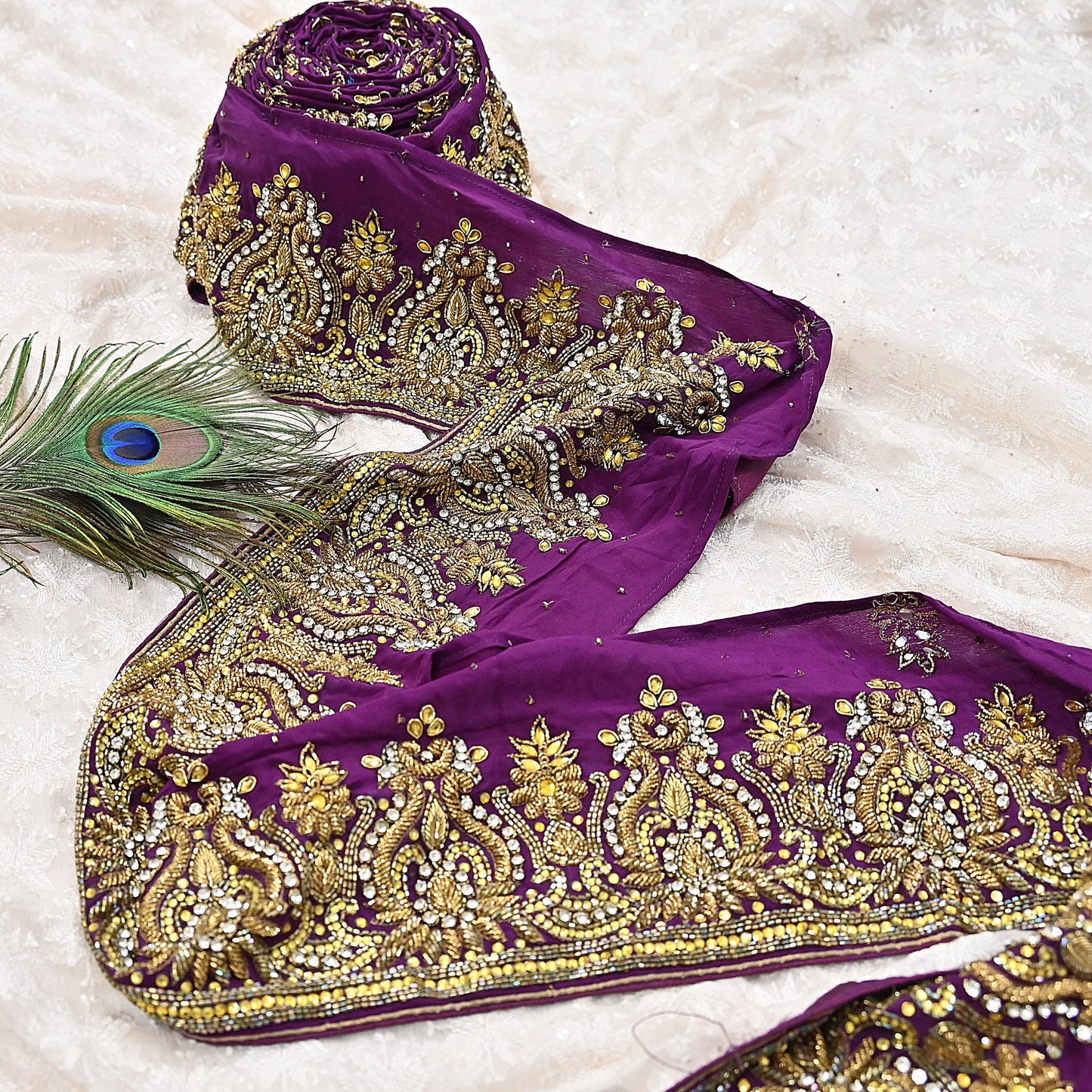 Indian Vintage Purple Sari Border Hand Embroidered 1yd Craft Trim Lace Sewing Sari Ribbon Pure Crepe silk  Sequins Zari