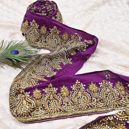 Indian Vintage Purple Sari Border Hand Embroidered 1yd Craft Trim Lace Sewing Sari Ribbon Pure Crepe silk  Sequins Zari
