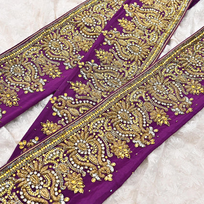 Indian Vintage Purple Sari Border Hand Embroidered 1yd Craft Trim Lace Sewing Sari Ribbon Pure Crepe silk  Sequins Zari